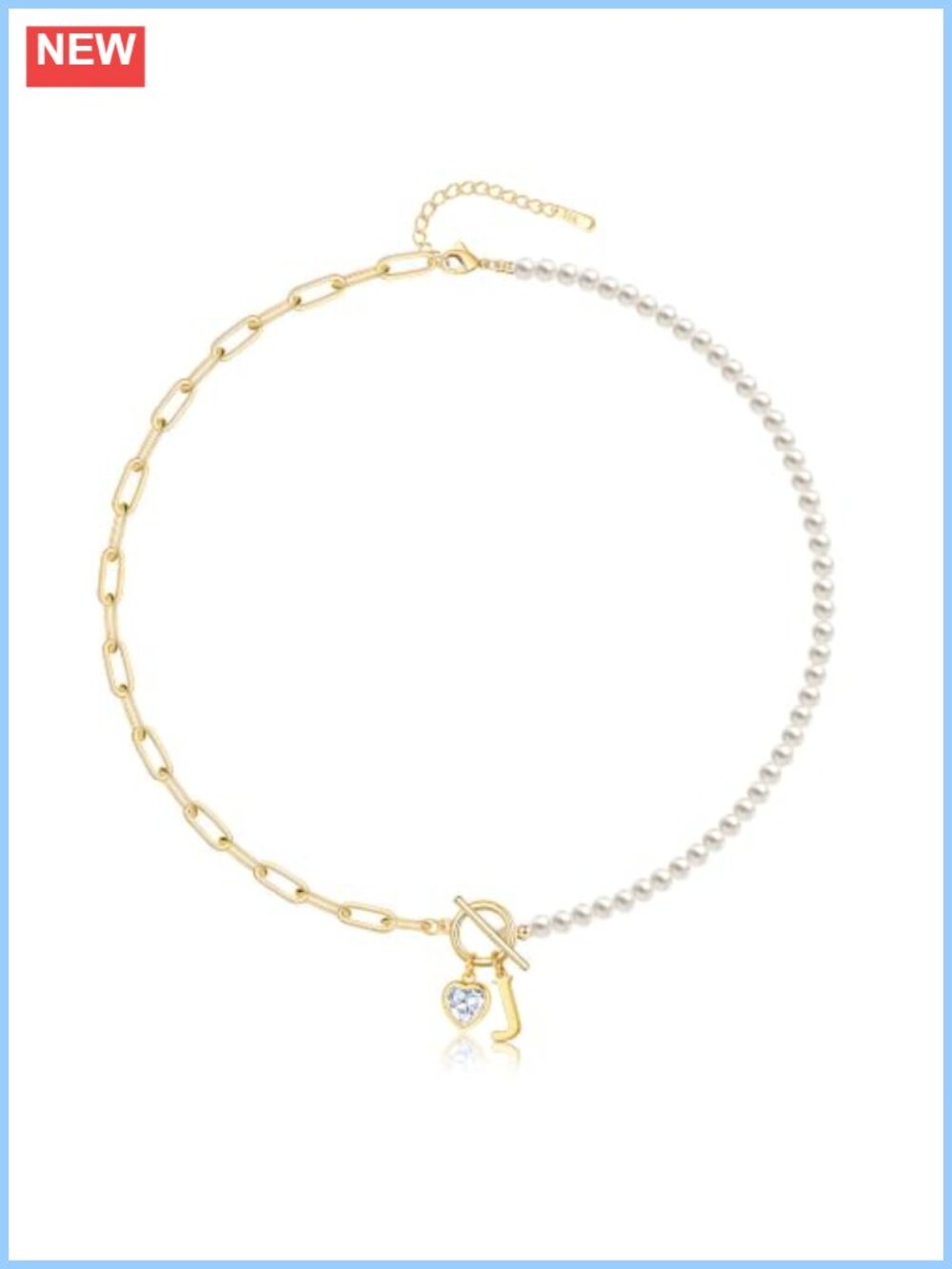 Initial Pearl Necklace for Women Half Pearl Half Chain 14k Gold Plated